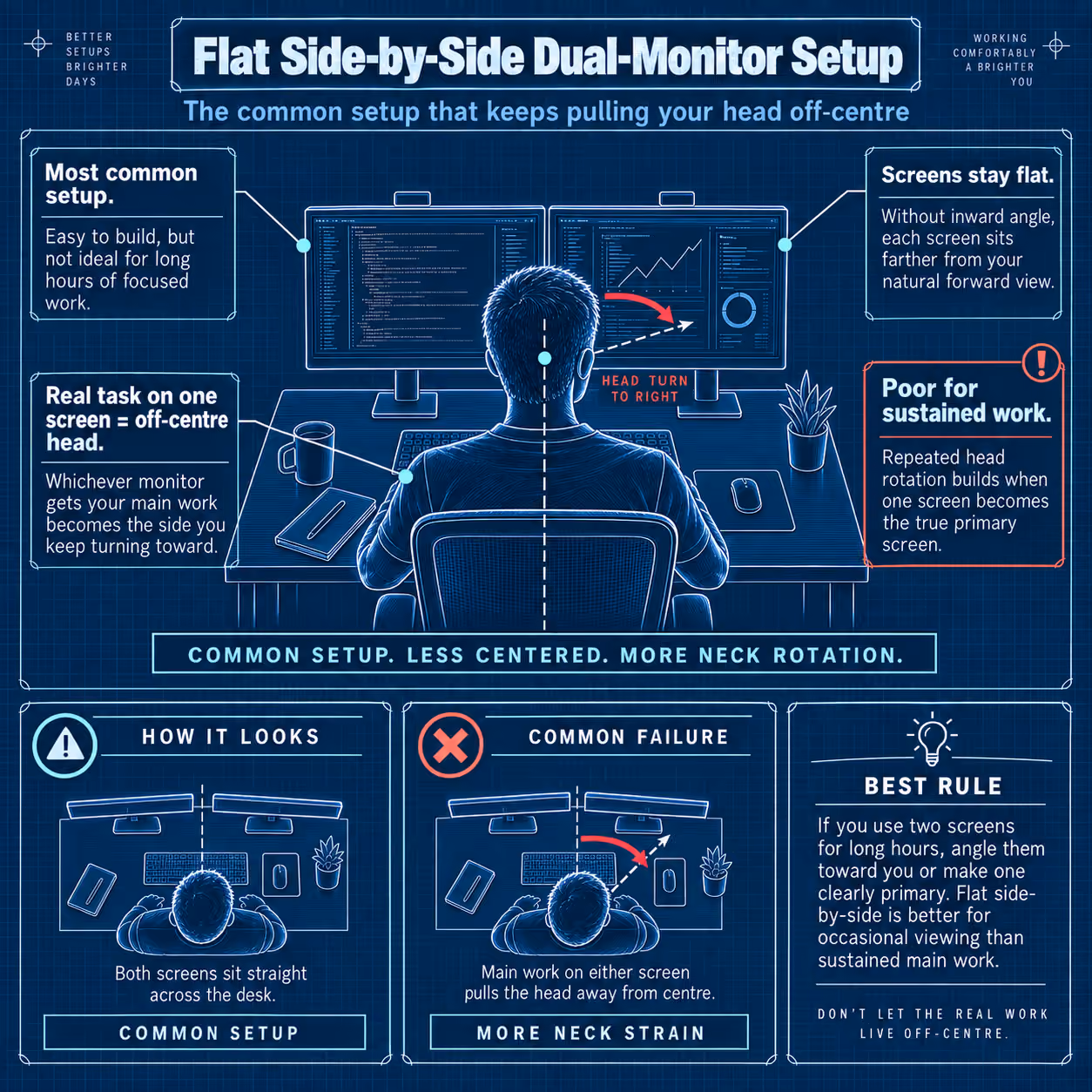 Flat side-by-side dual monitors, both facing straight forward