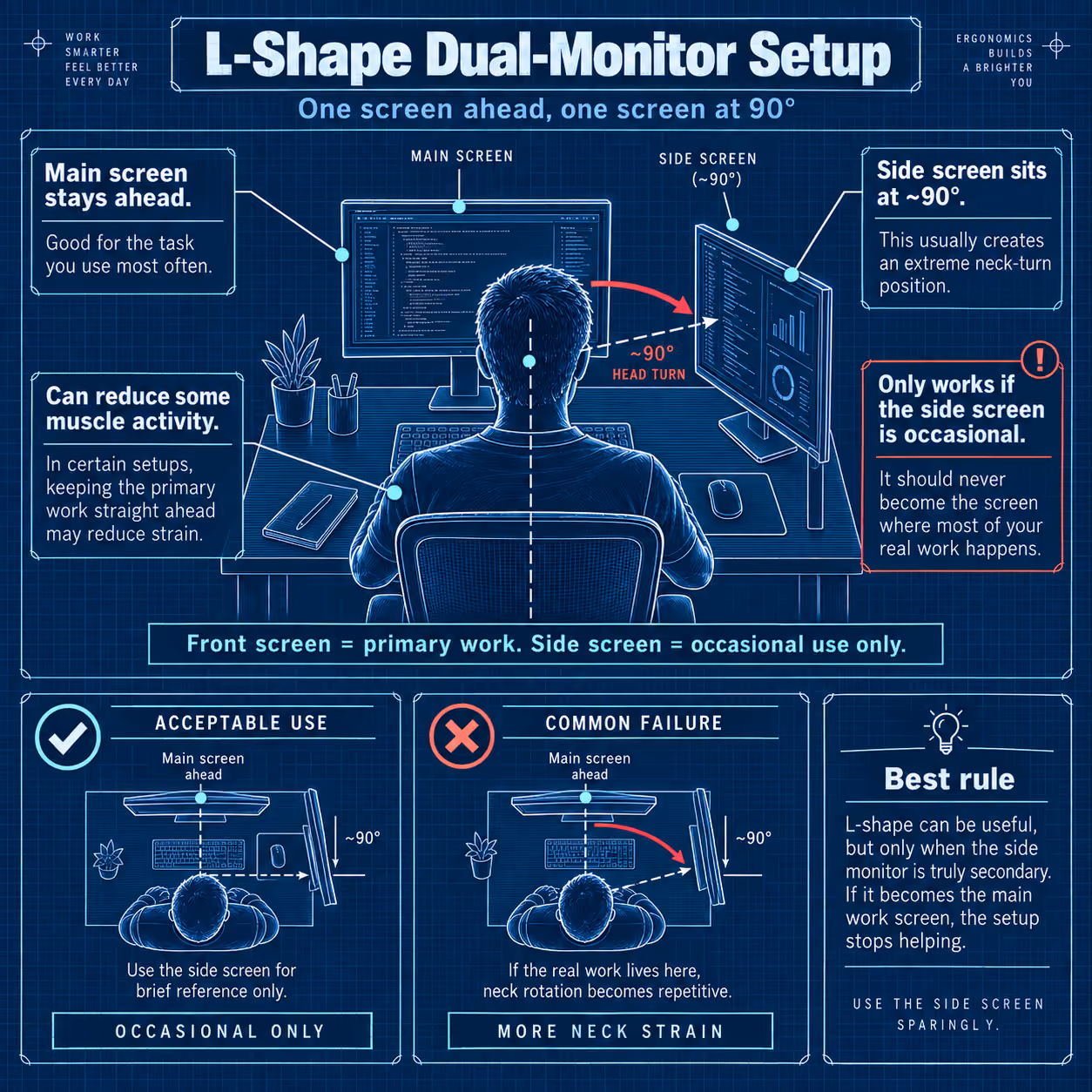 L-shape monitor setup with one screen ahead and one placed at 90 degrees to the side