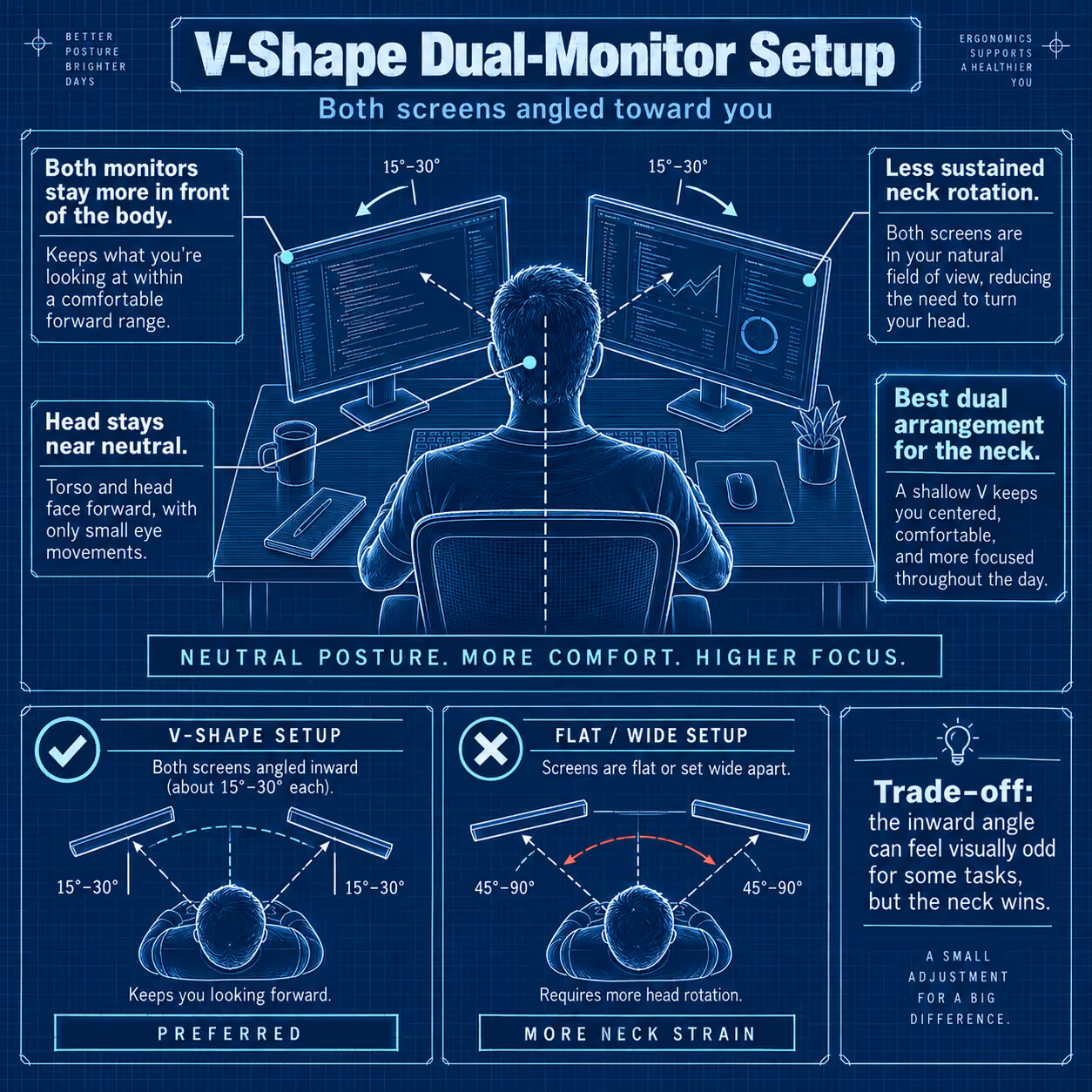 V-shape dual monitor setup with both screens angled inward toward the user