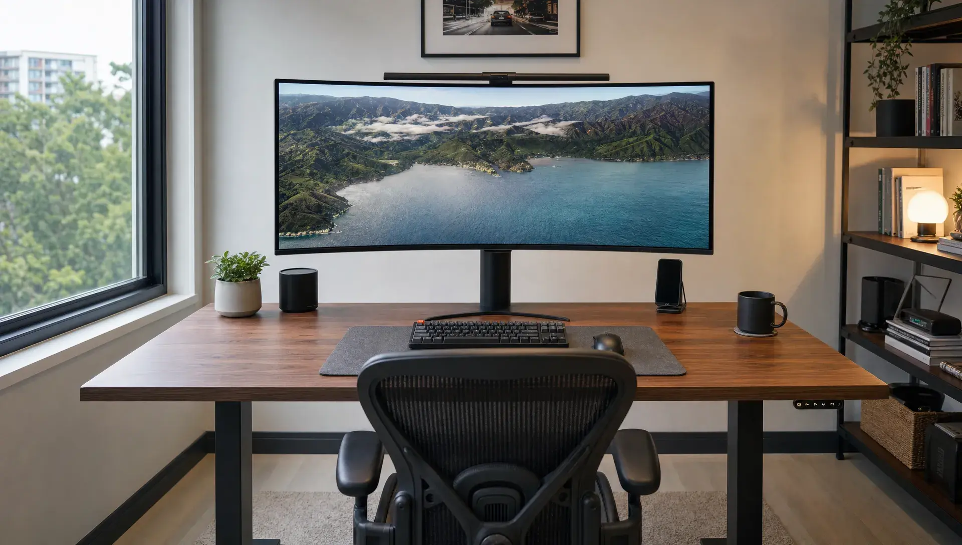 Ergonomic desk setup with a centered curved ultrawide monitor aligned to the user’s midline