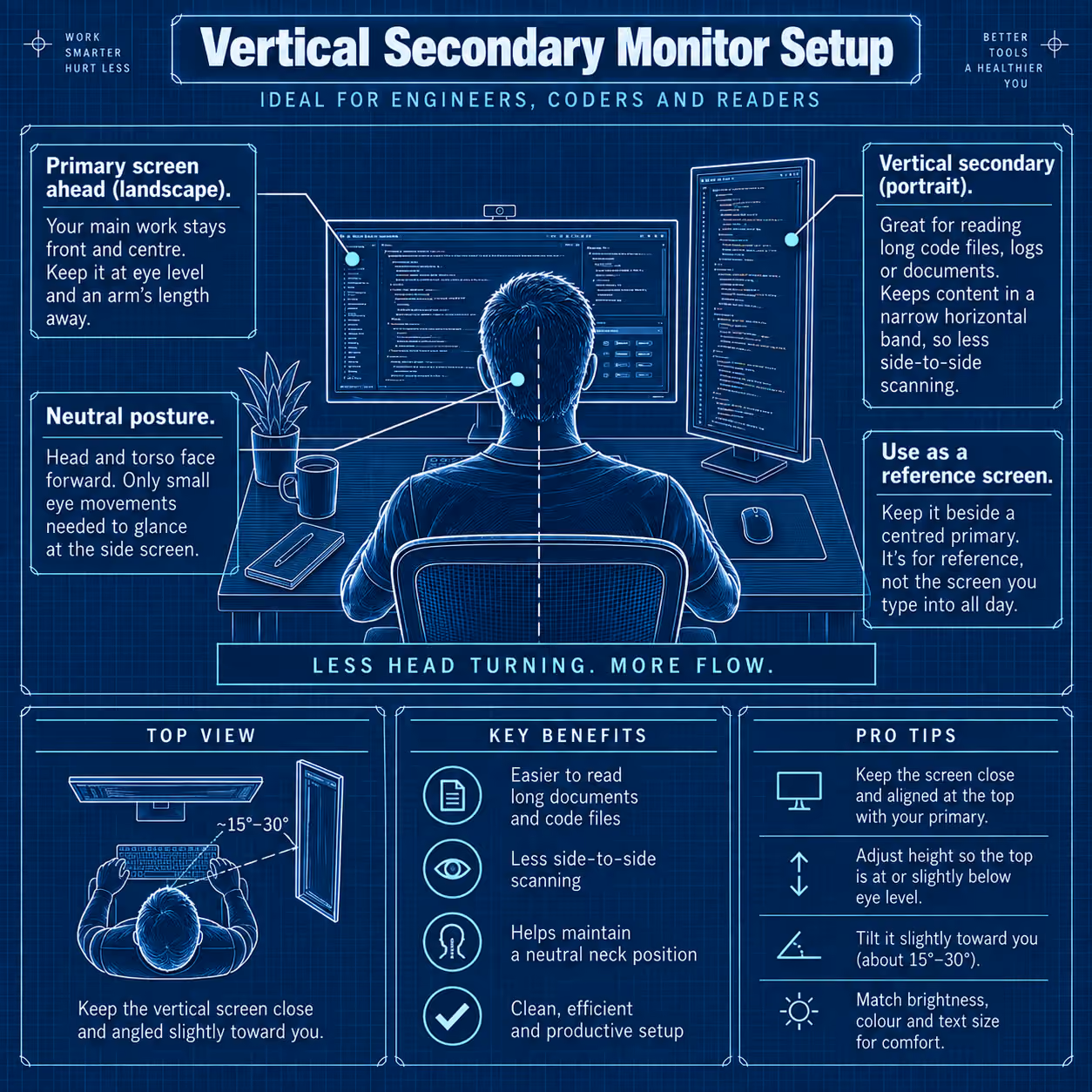 Vertical portrait secondary monitor placed beside a centered primary screen