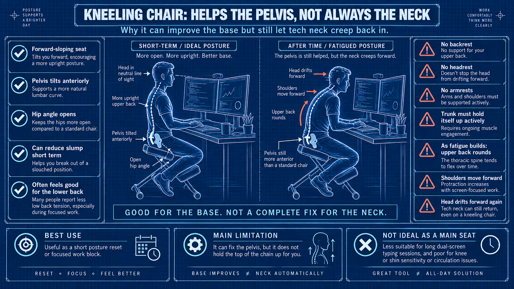 Kneeling chair user tiring over time: the upper back rounds and the head falls forward into tech neck