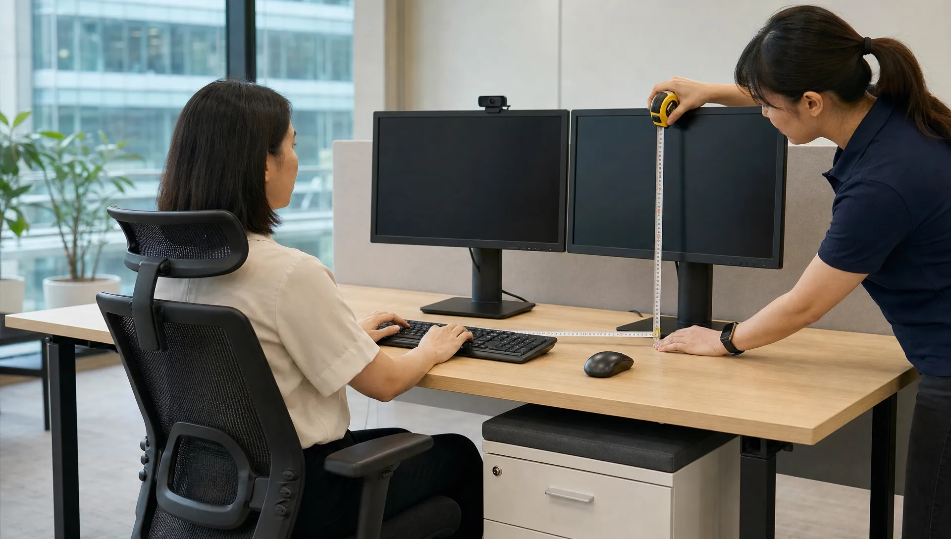 Ergonomic consultant carrying out a WSH-aligned office workstation audit for a Singapore company