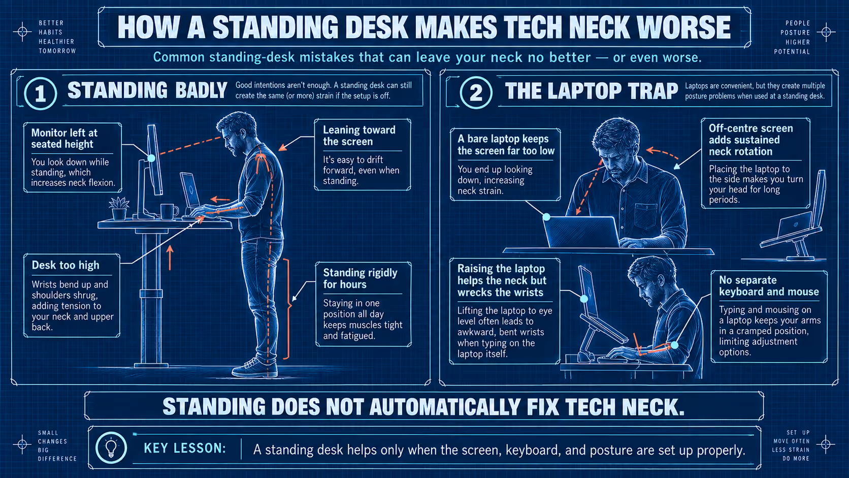 Standing desk tech-neck blueprint: raising the desk without raising the monitor keeps the head jutting forward