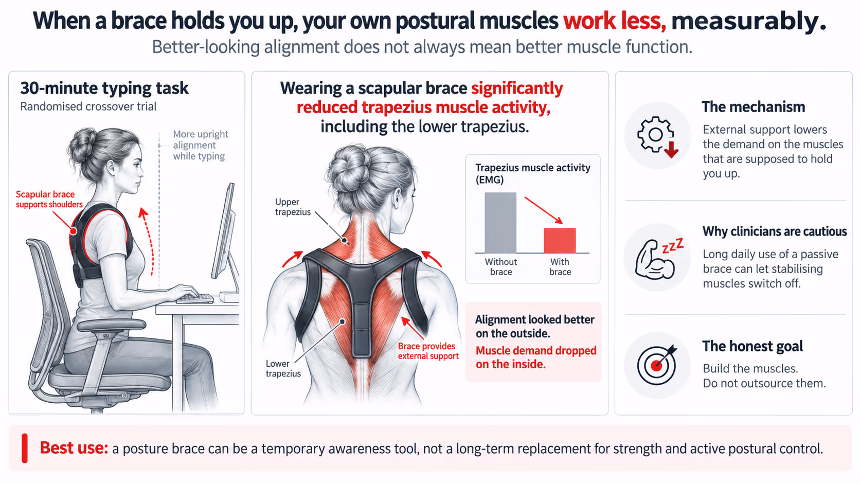 Brace support reduces trapezius muscle activity: EMG shows the strap does the holding while the muscles work less