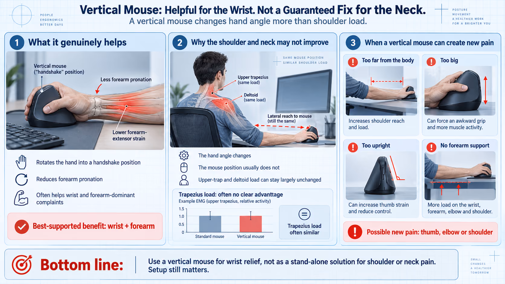 Vertical mouse ergonomics: a handshake grip eases forearm twist but does not remove the lateral reach that loads the neck and upper trapezius