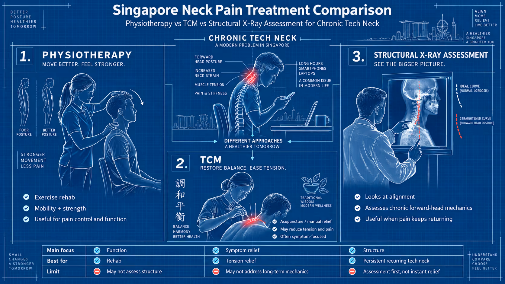 Singapore neck pain treatment comparison: each method matched to what drives the pain, and where it falls short
