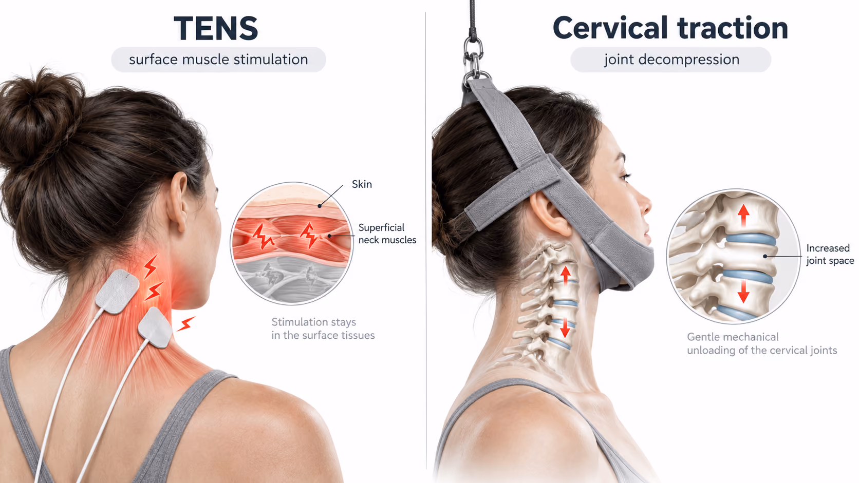 TENS vs cervical traction mechanisms compared: electrical pain-masking at the surface versus mechanical decompression of the upper neck
