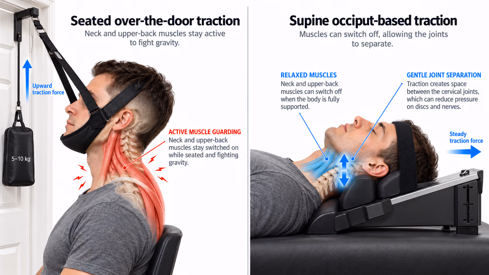 Different types of neck traction compared against how much muscle guarding each position allows