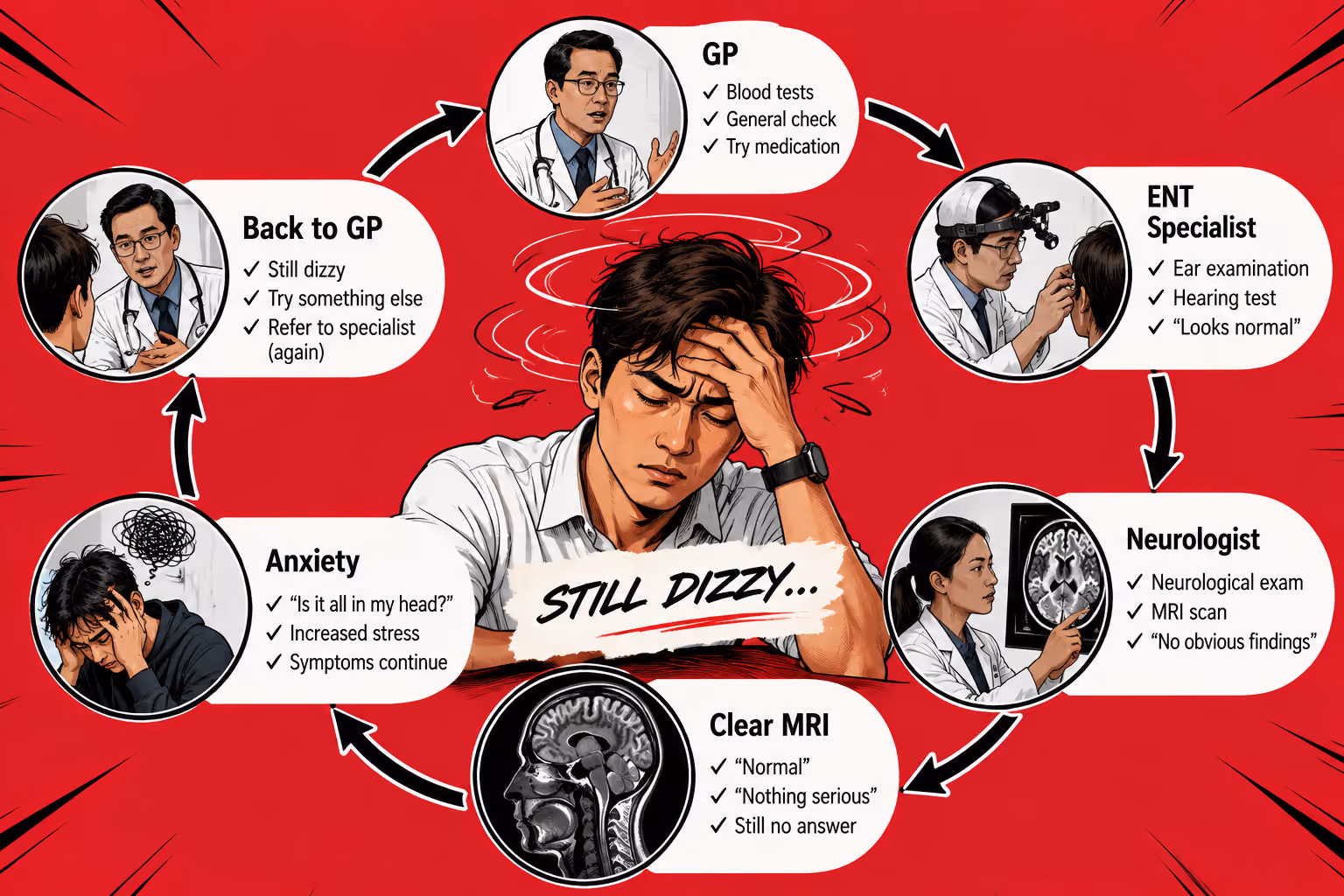 The never-ending diagnostic loop of cervicogenic dizziness: GP, ENT, neurologist, clear scans, told it is anxiety
