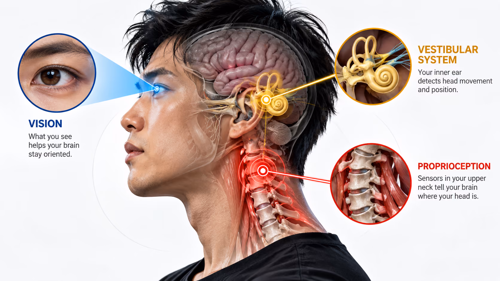 Three inputs of human balance: vision, the inner ear vestibular system, and neck proprioception