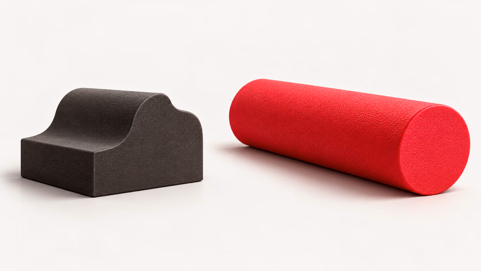 A cervical D-roll and a standard cylindrical foam roller side by side