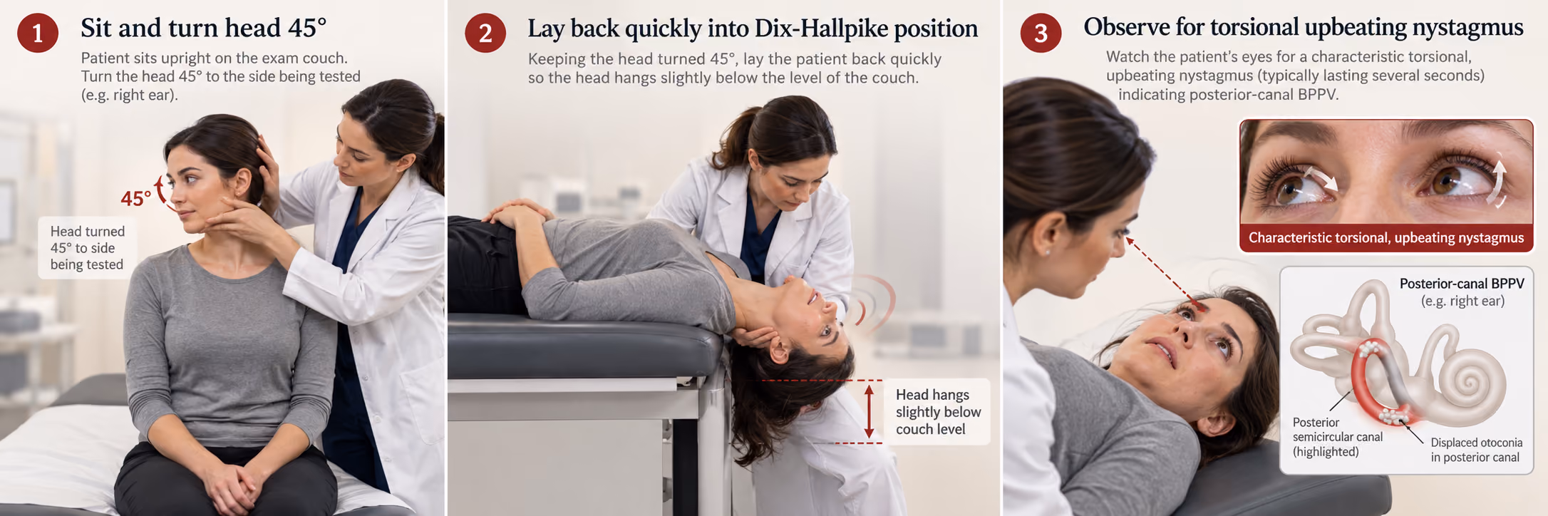 A clinician performing the Dix-Hallpike test, watching the patient&rsquo;s eyes for the nystagmus that confirms posterior-canal BPPV