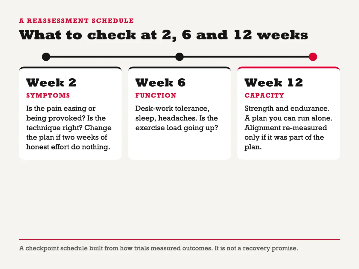 Timeline of three physiotherapy checkpoints for tech neck: week 2 symptoms, week 6 function, week 12 capacity, presented as a reassessment schedule and not a recovery promise
