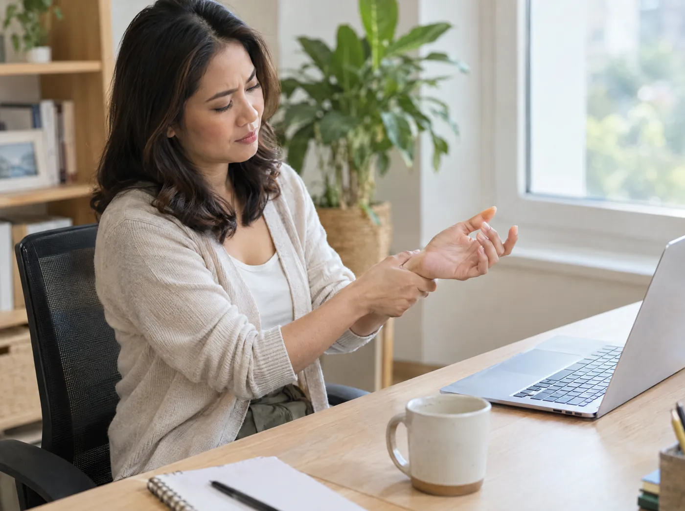 Office worker rubbing her numb, tingling wrist at a desk with a laptop