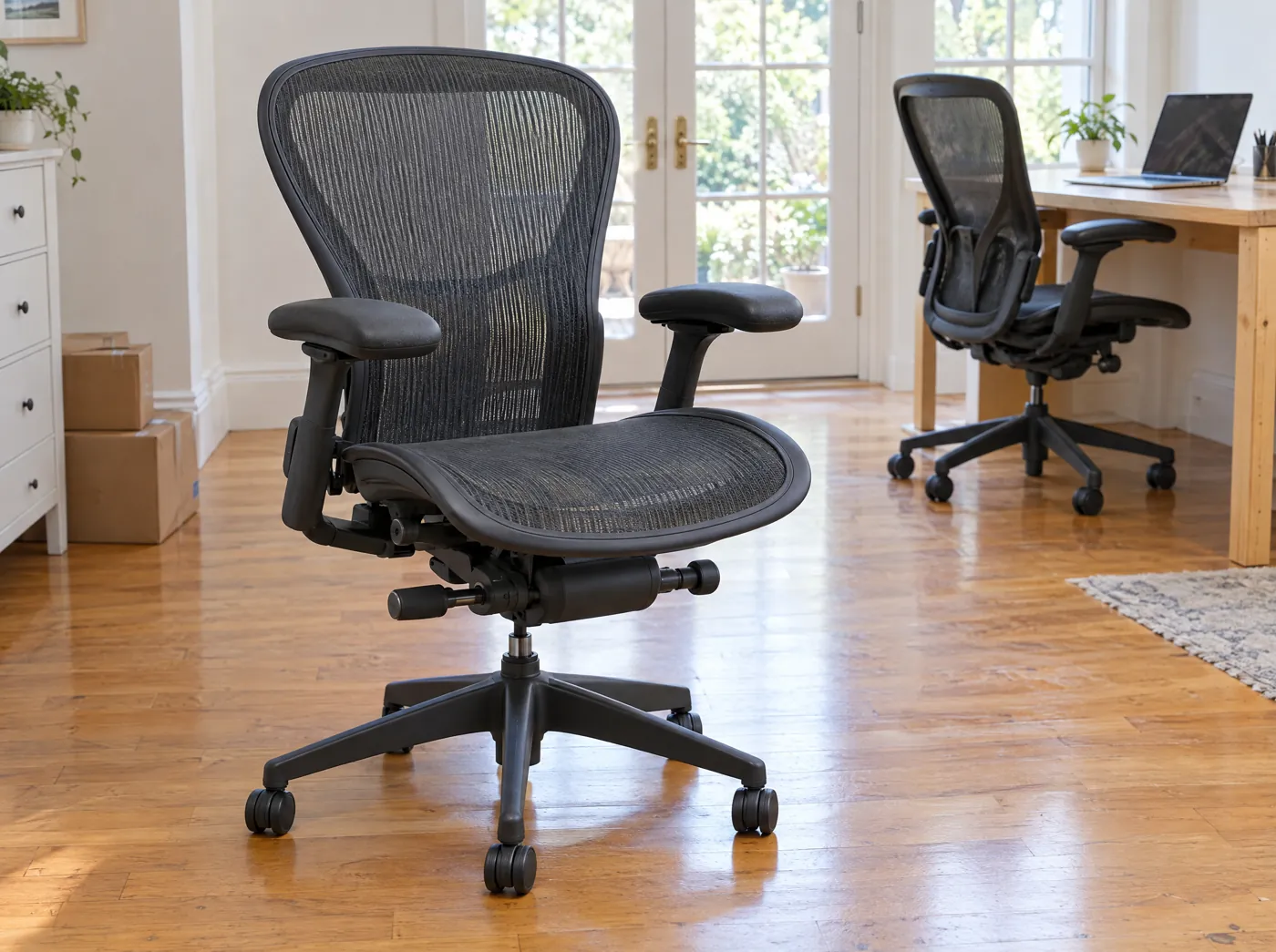 Ergonomic mesh office chair of the Aeron type with adjustable arms and no headrest, front view