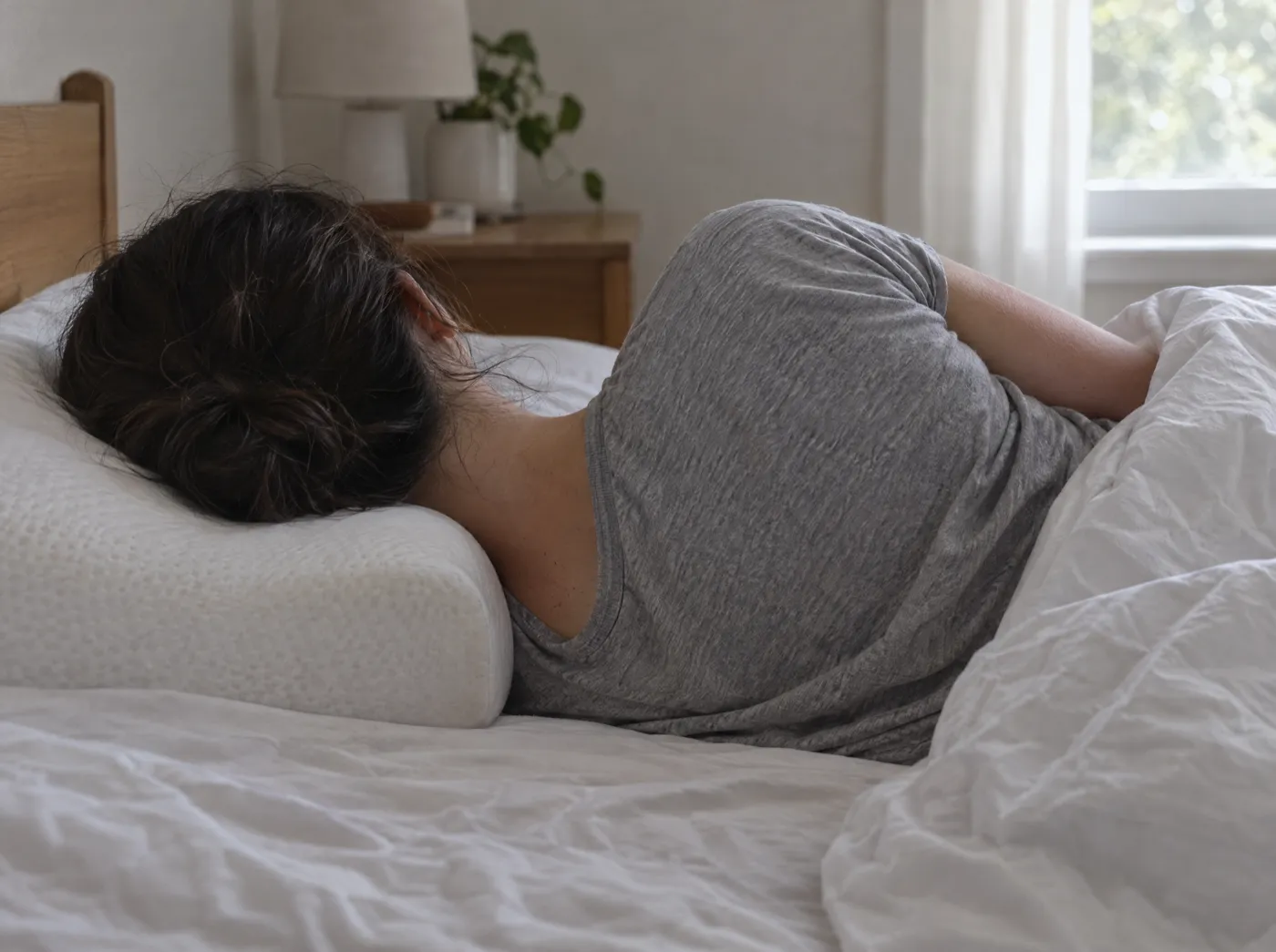 Woman asleep on her side on a contour neck pillow, seen from behind, her head level with her spine