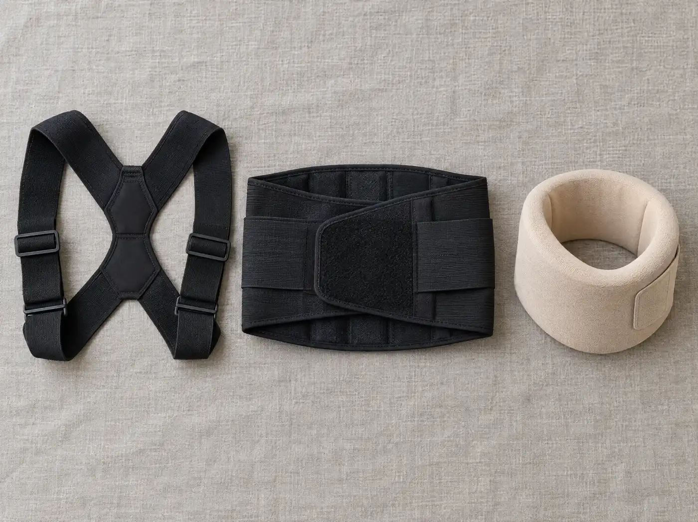 A black posture corrector strap, a lumbar back support belt and a soft foam neck collar laid side by side