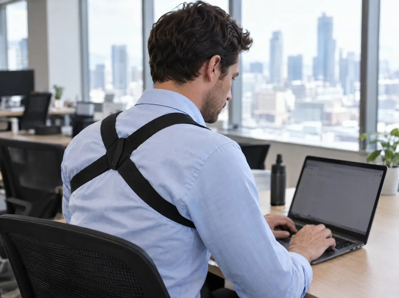 Office worker at a laptop wearing a posture corrector strap over his shirt, head still leaning towards the screen