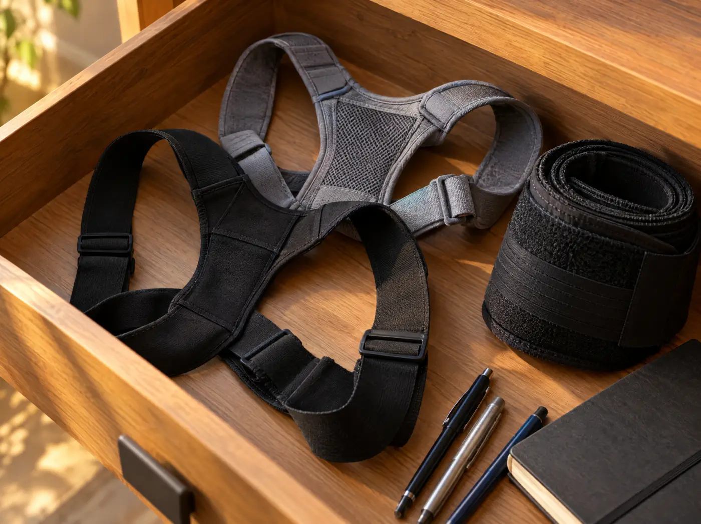 Two posture corrector harnesses and a rolled back support belt lying in an open desk drawer