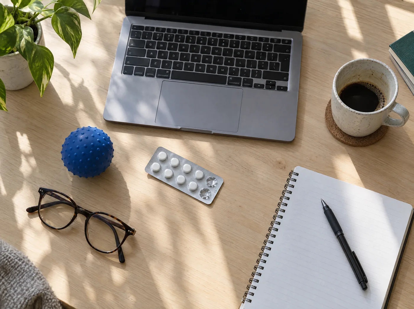 Overhead view of an office desk with a laptop, a blister pack of tablets, a massage ball and a cup of coffee