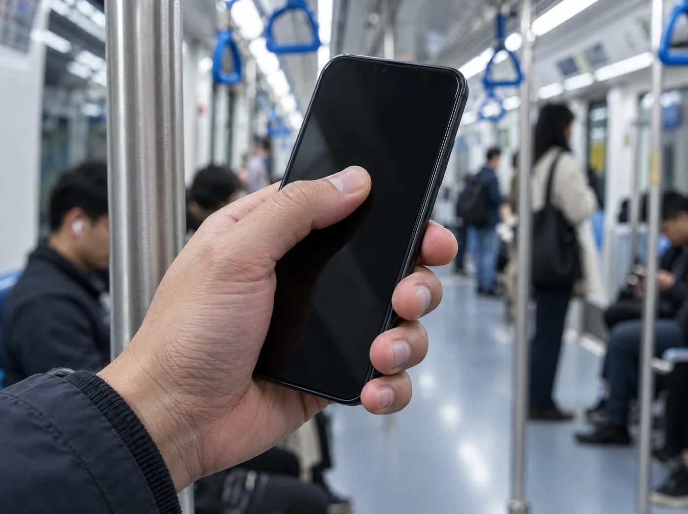 Close-up of a commuter's hand holding a smartphone while standing on a train, fingers wrapped around the edge