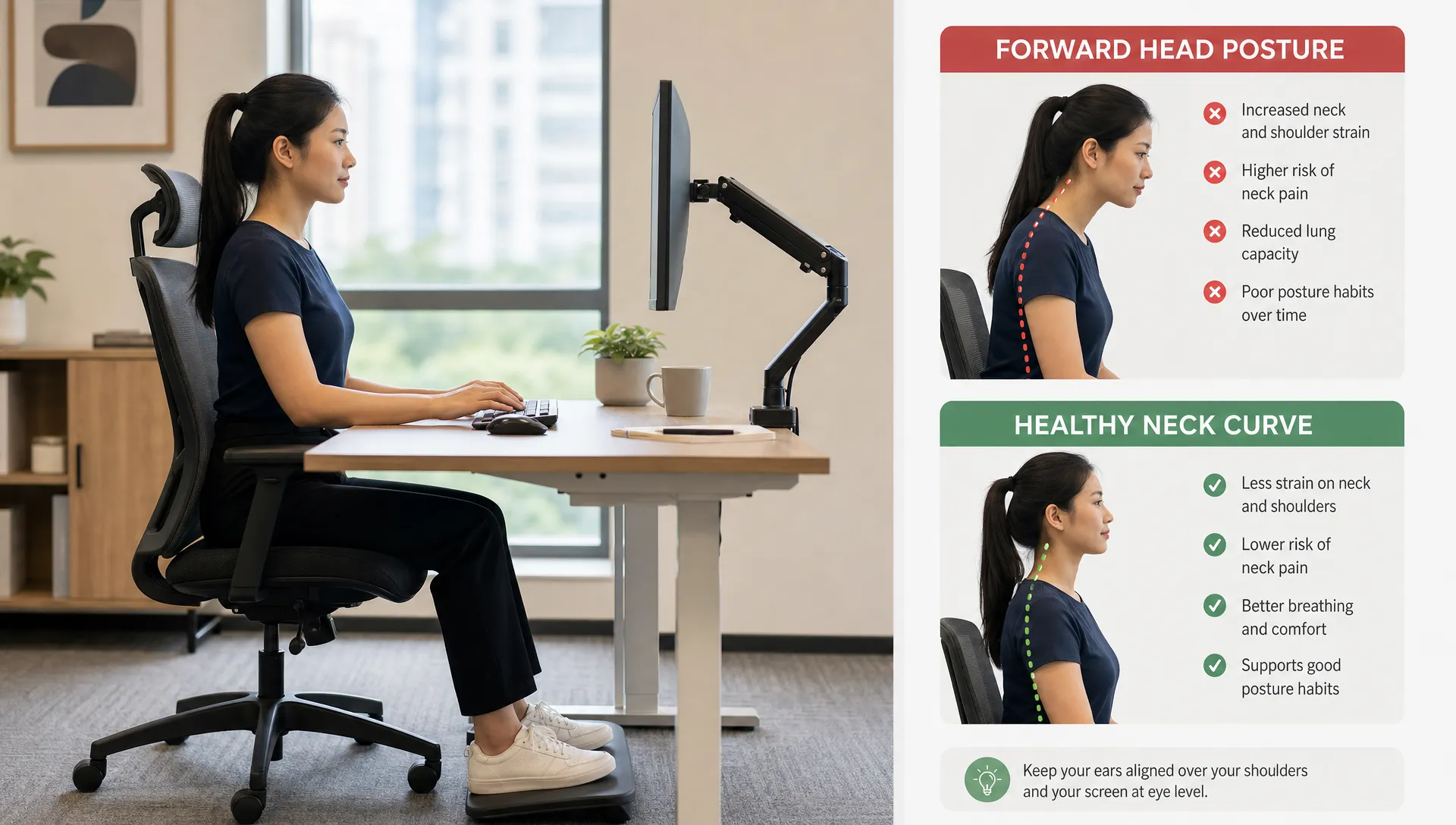 A desk worker at an ergonomic workstation is shown beside a comparison of forward head posture and a healthier neck curve.