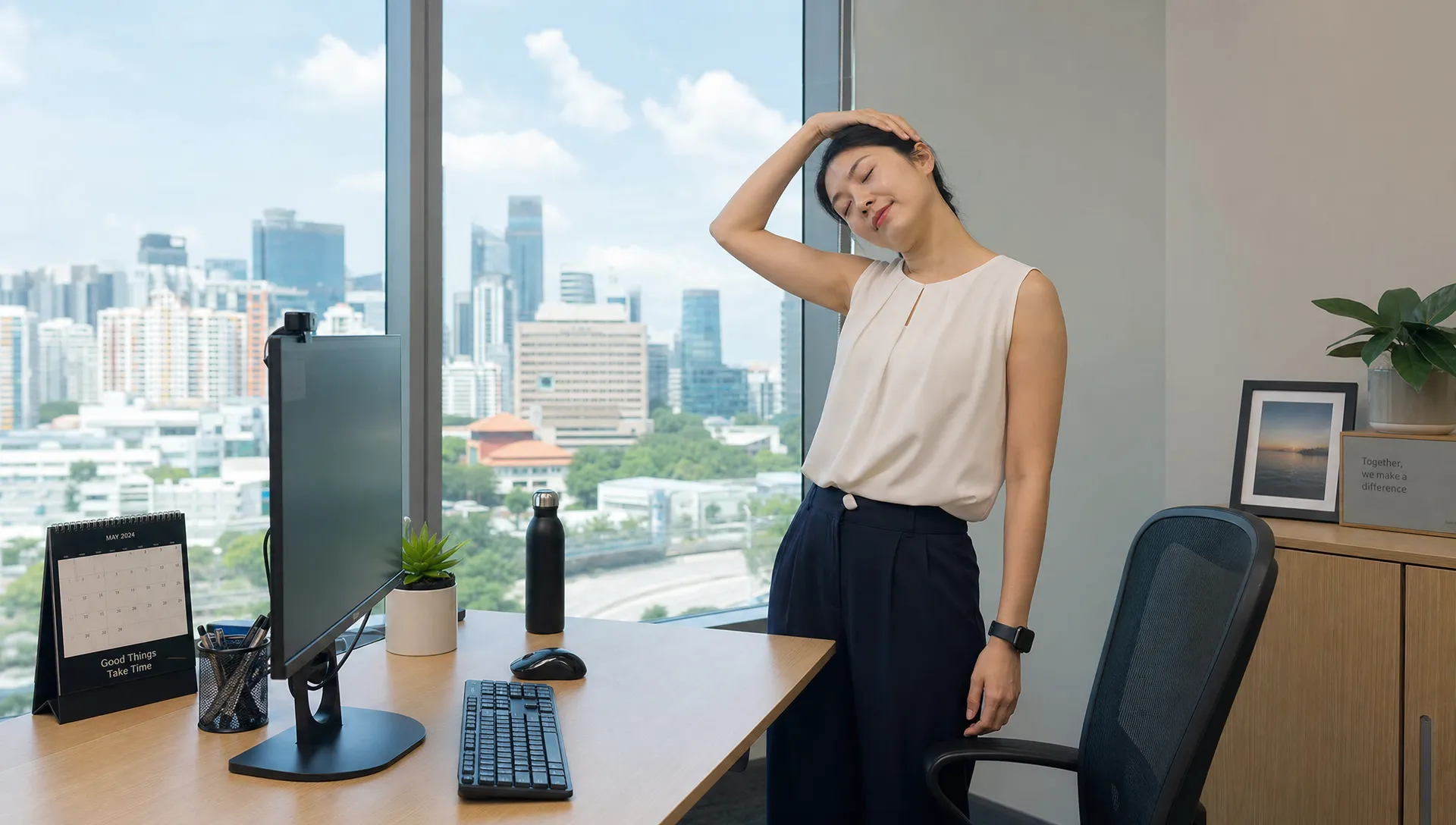 A Singapore office desk with a monitor at eye level, keyboard and mouse close to the chair, and a person standing beside it doing a gentle neck movement break.