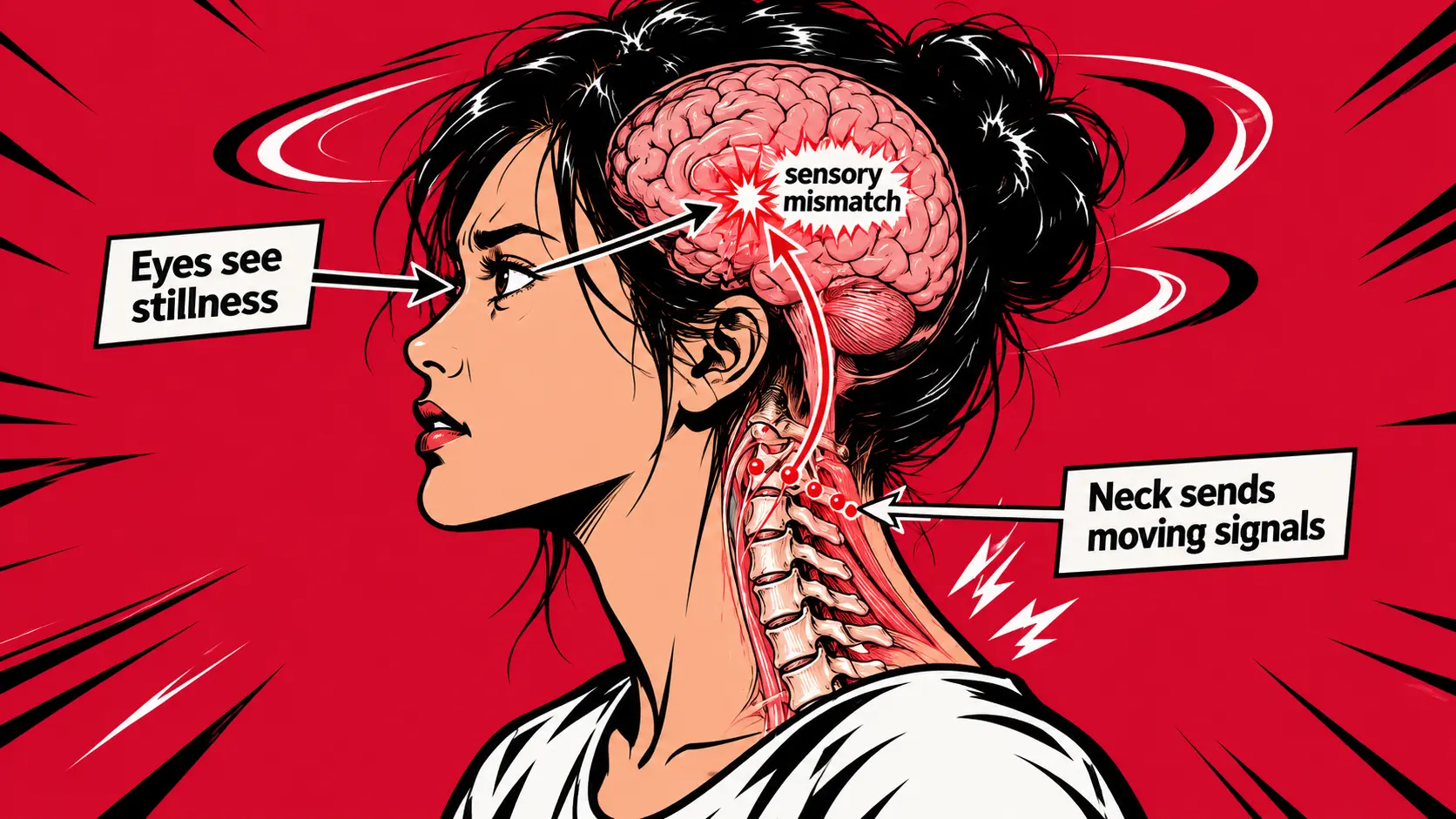 Diagram illustrating the sensory mismatch behind cervicogenic dizziness, showing a woman's profile where her "eyes see stillness" but her "neck sends moving signals," causing a collision in the brain.