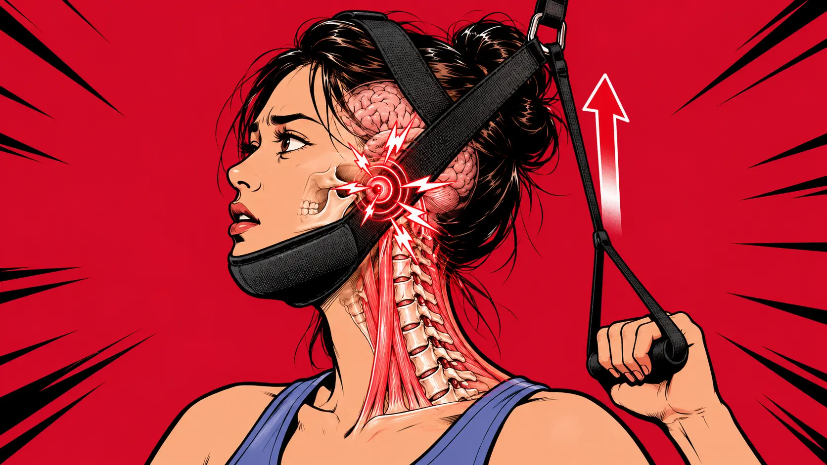 Anatomical illustration showing an over-the-door cervical traction device pulling upward on a chin strap, with red markers highlighting the pressure transferred directly to the TMJ and jaw.