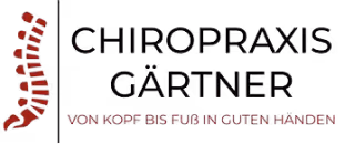 Logo der Chiropraktikpraxis Gärtner mit stilisierter roter Wirbelsäule und dem Slogan ‚Von Kopf bis Fuß in guten Händen‘.