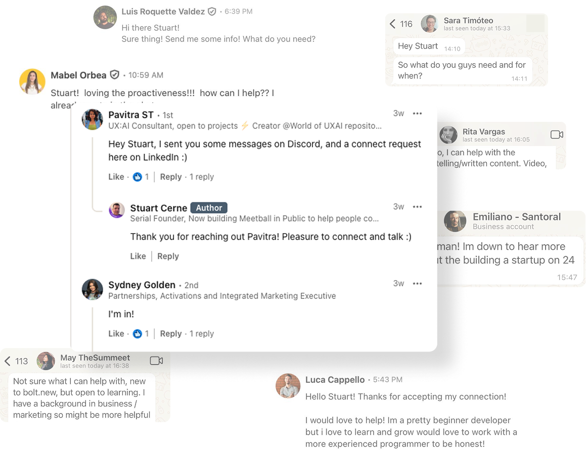 Collage of professional chat messages addressed to Stuart, discussing help, connections, and collaboration opportunities.