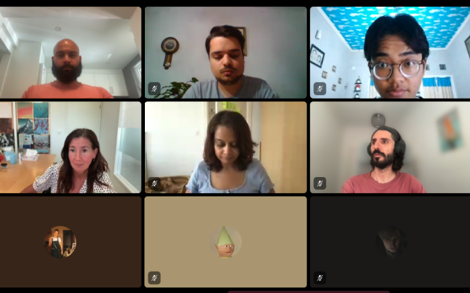 Grid view of a virtual meeting with nine participants, six visible on camera and three using avatars or dark screens.