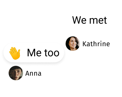 Chat bubbles with profile pictures; Anna says waving hand emoji and 'Me too', Kathrine says 'We met'.