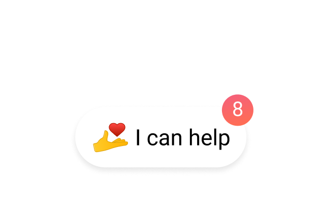 Dialog bubble with a yellow hand holding a red heart emoji and text saying 'I can help' with a red notification circle showing the number 8, on a grid background.