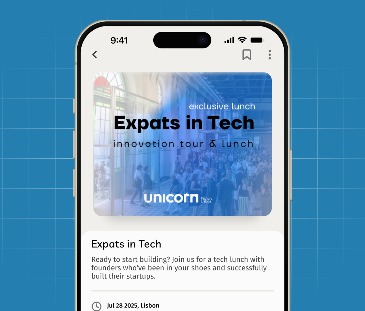 Mobile app screen displaying event details for 'Expats in Tech' exclusive lunch and innovation tour hosted by Unicorn Factory Lisboa, scheduled for July 28, 2025, in Lisbon.