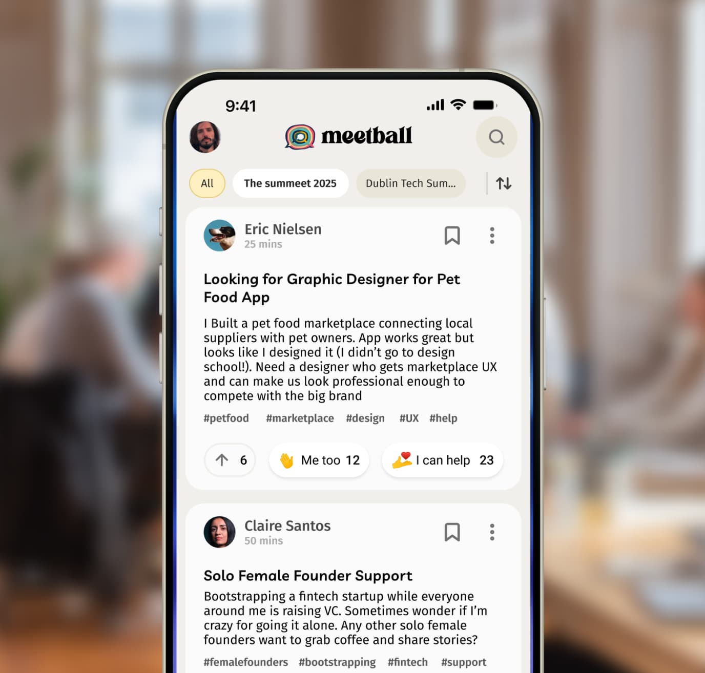 Mobile screen showing Meetball app with posts from Eric Nielsen seeking a graphic designer for a pet food app and Claire Santos offering solo female founder support.