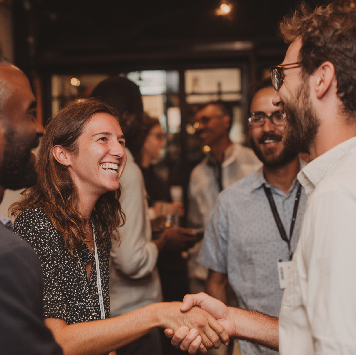 Smiling woman shaking hands with a bearded man in a lively social gathering.