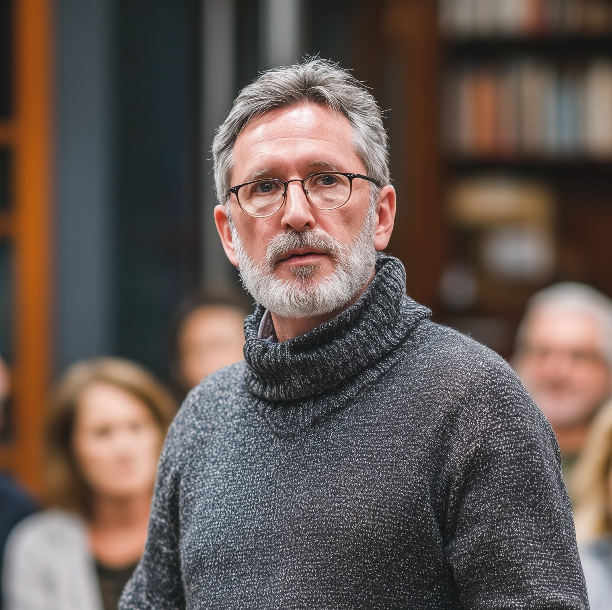 Mature man with gray hair and beard wearing glasses and a gray turtleneck sweater in a room with blurred people and bookshelves in the background.