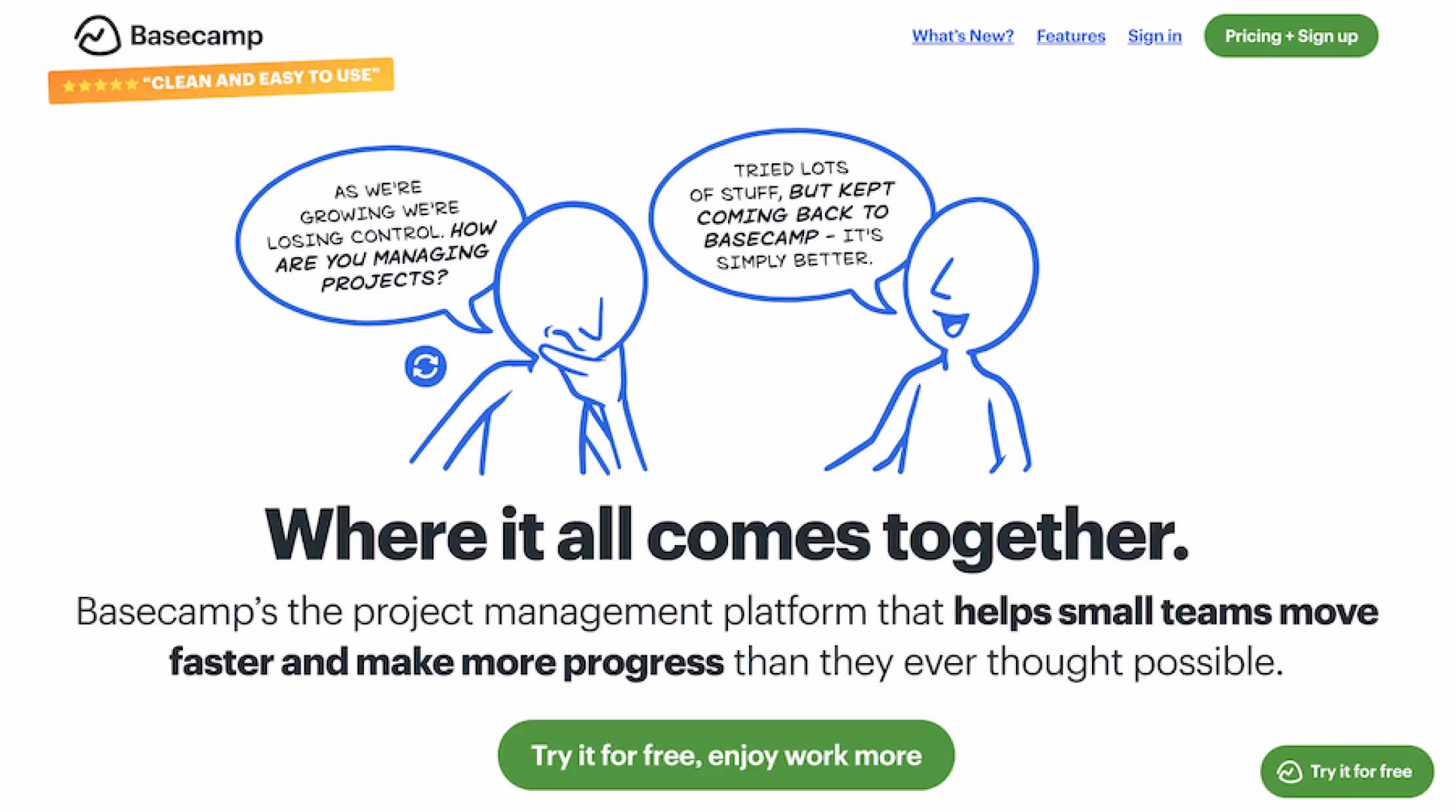Basecamp homepage featuring a cartoon conversation about project management and a headline that reads 'Where it all comes together.' Includes call-to-action buttons to try it for free.