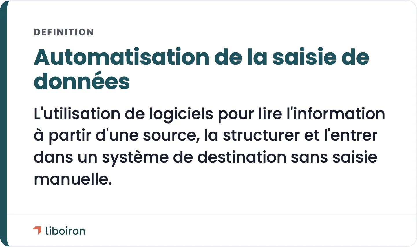 Fiche définition : l'automatisation de la saisie de données est un logiciel qui lit, structure et entre l'information sans saisie manuelle