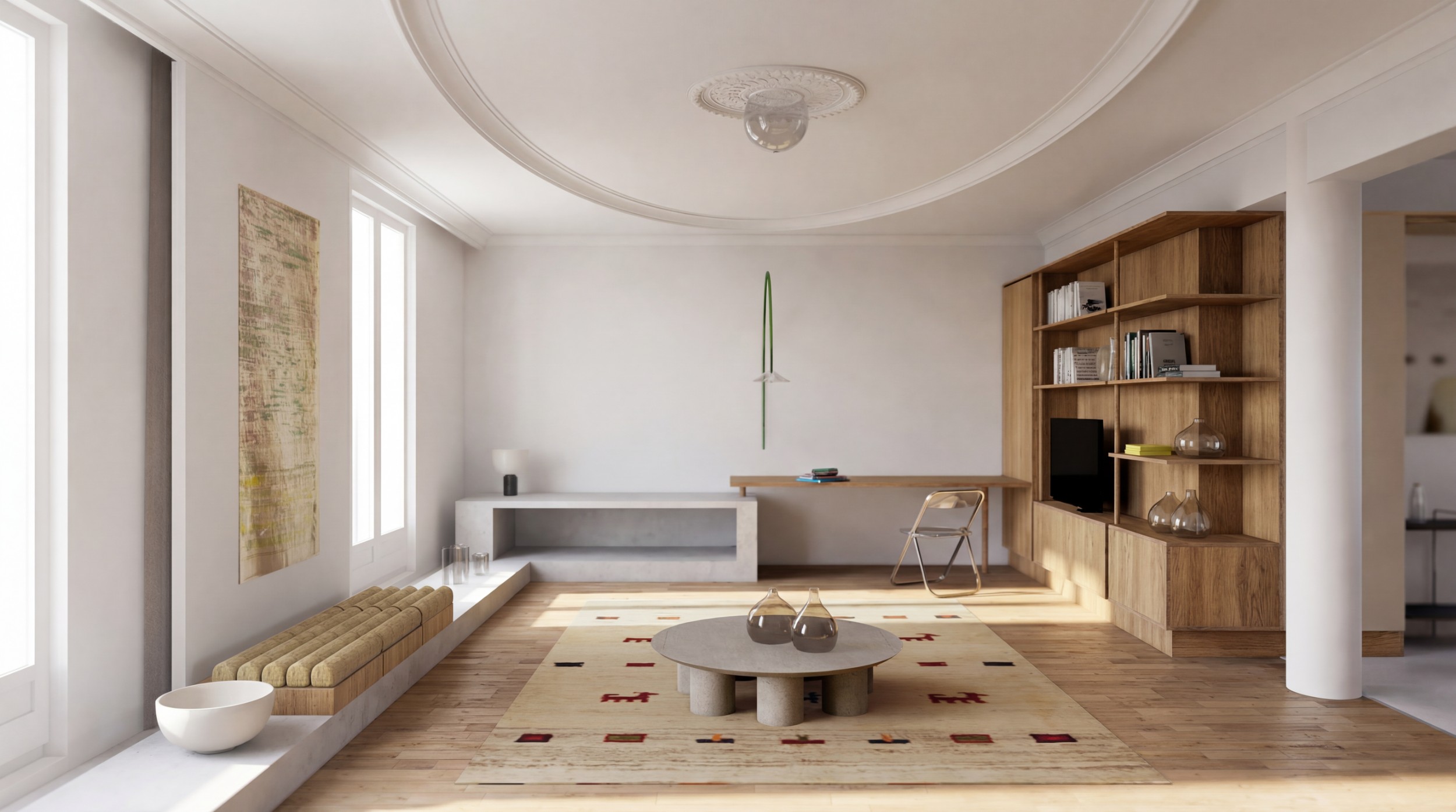 Miniature appartement haussmannien rénové, design couteau suisse, optimisation espace, Paris