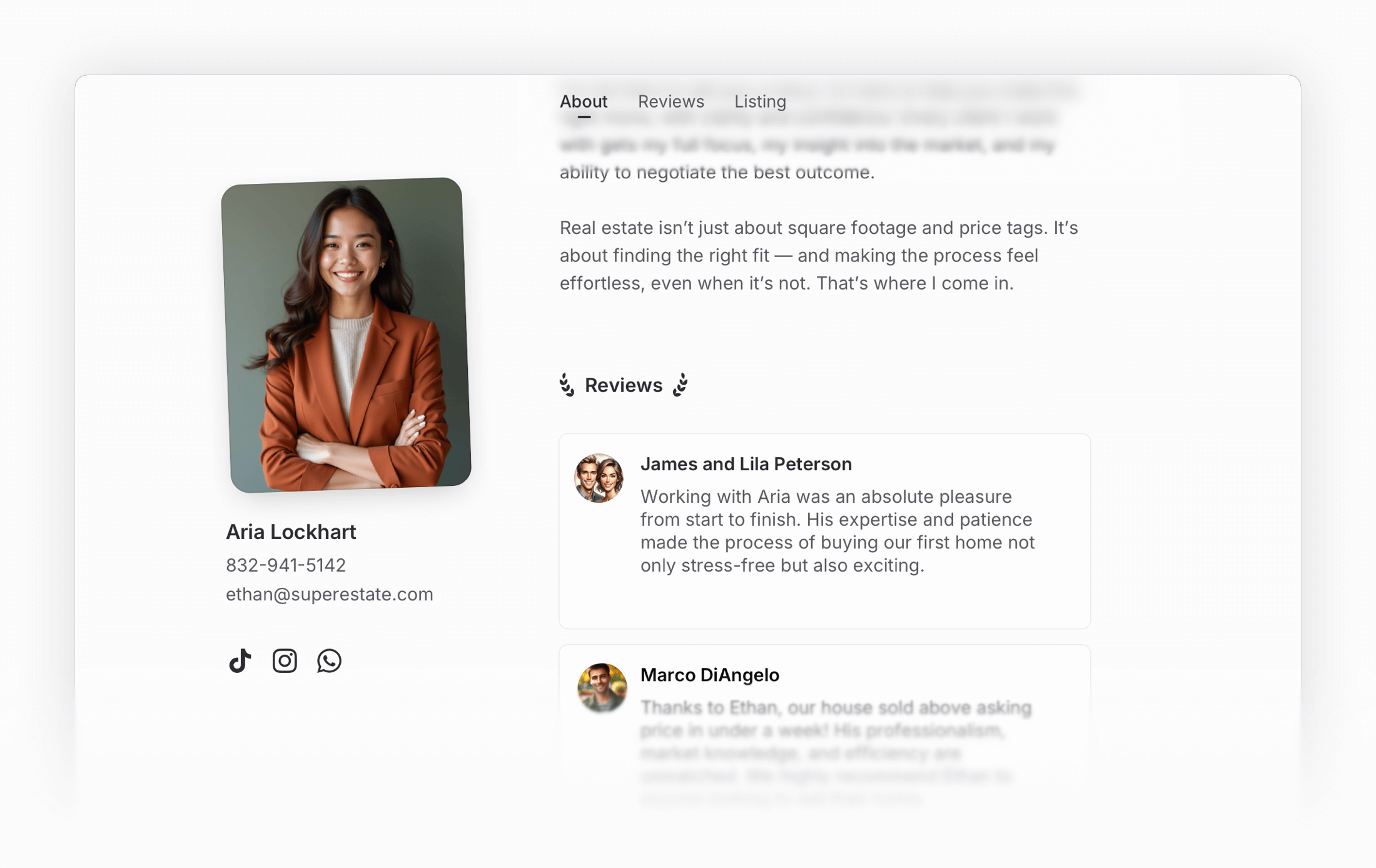 Screenshot of real estate website with agent profile.