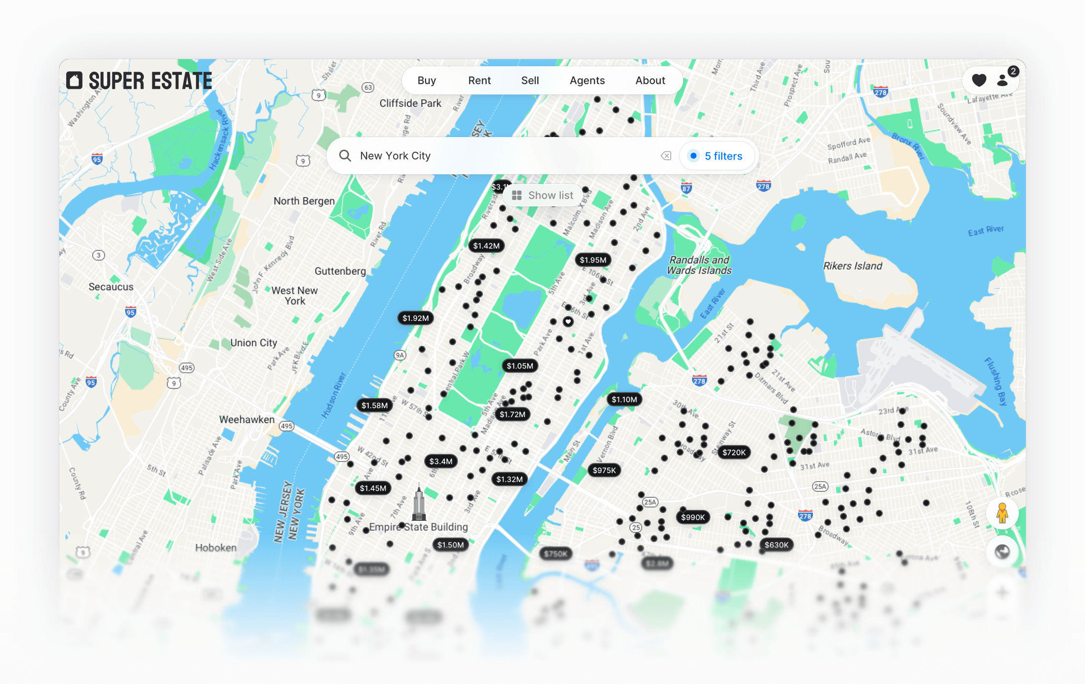 A screenshot of Airestate real estate website showing a listing in a elegant powerful map.