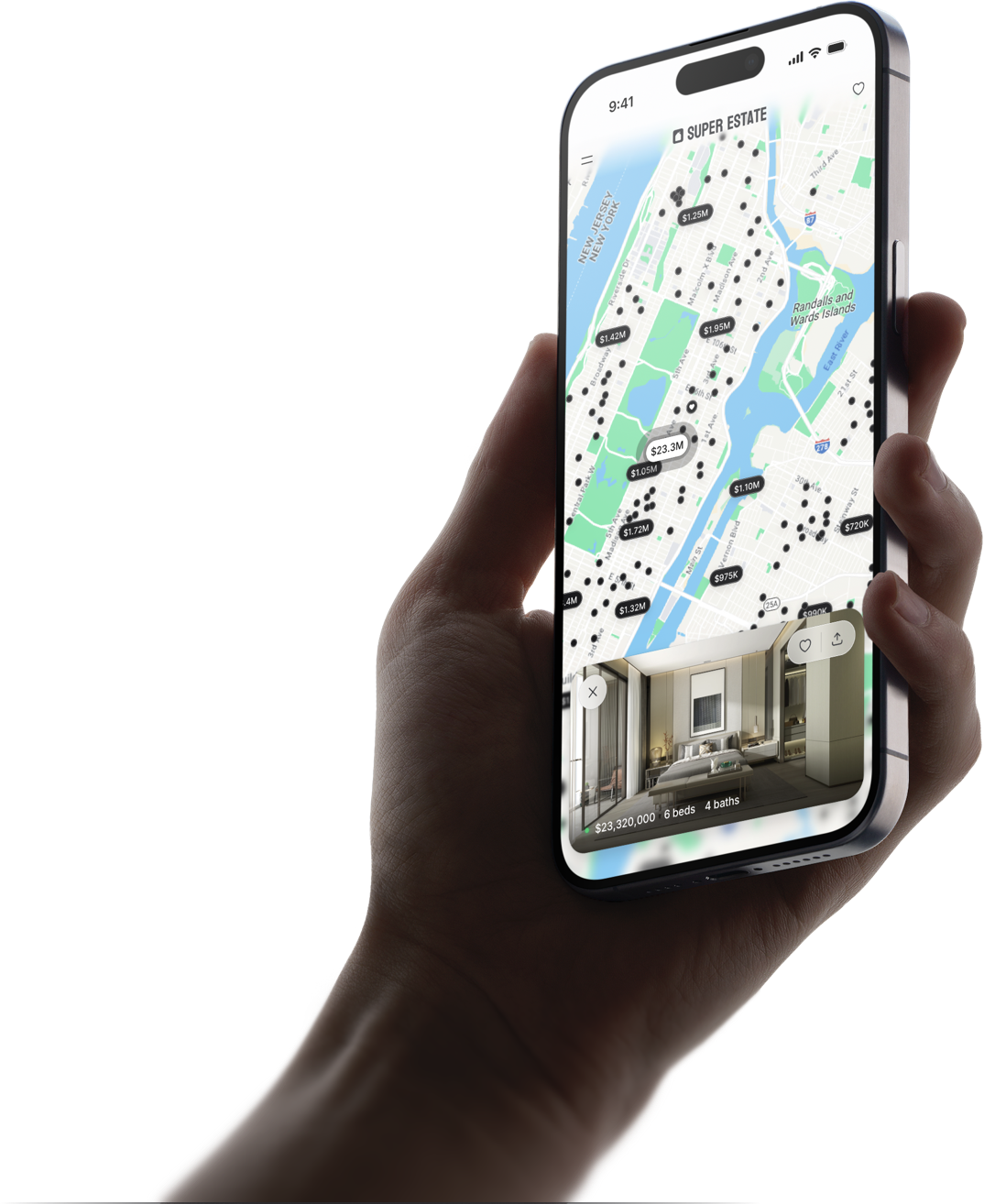 An hand holding a iPhone with a beautiful real estate website listing in an elegant map design.