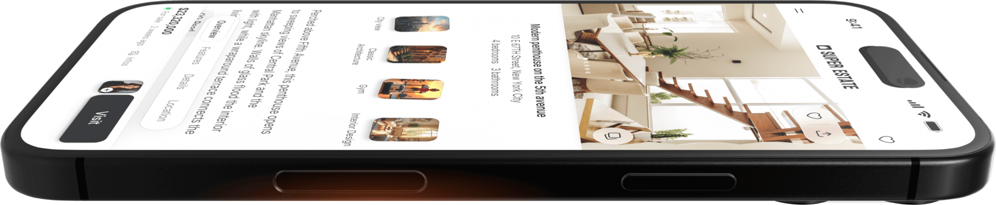A mobile phone with a beautiful real estate website listing in an elagant design.