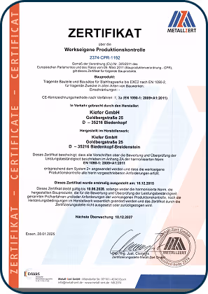 Zertifikat der werkseigenen Produktionskontrolle für Kiefer GmbH mit CE-Kennzeichnung, ausgestellt von Metallerzt.