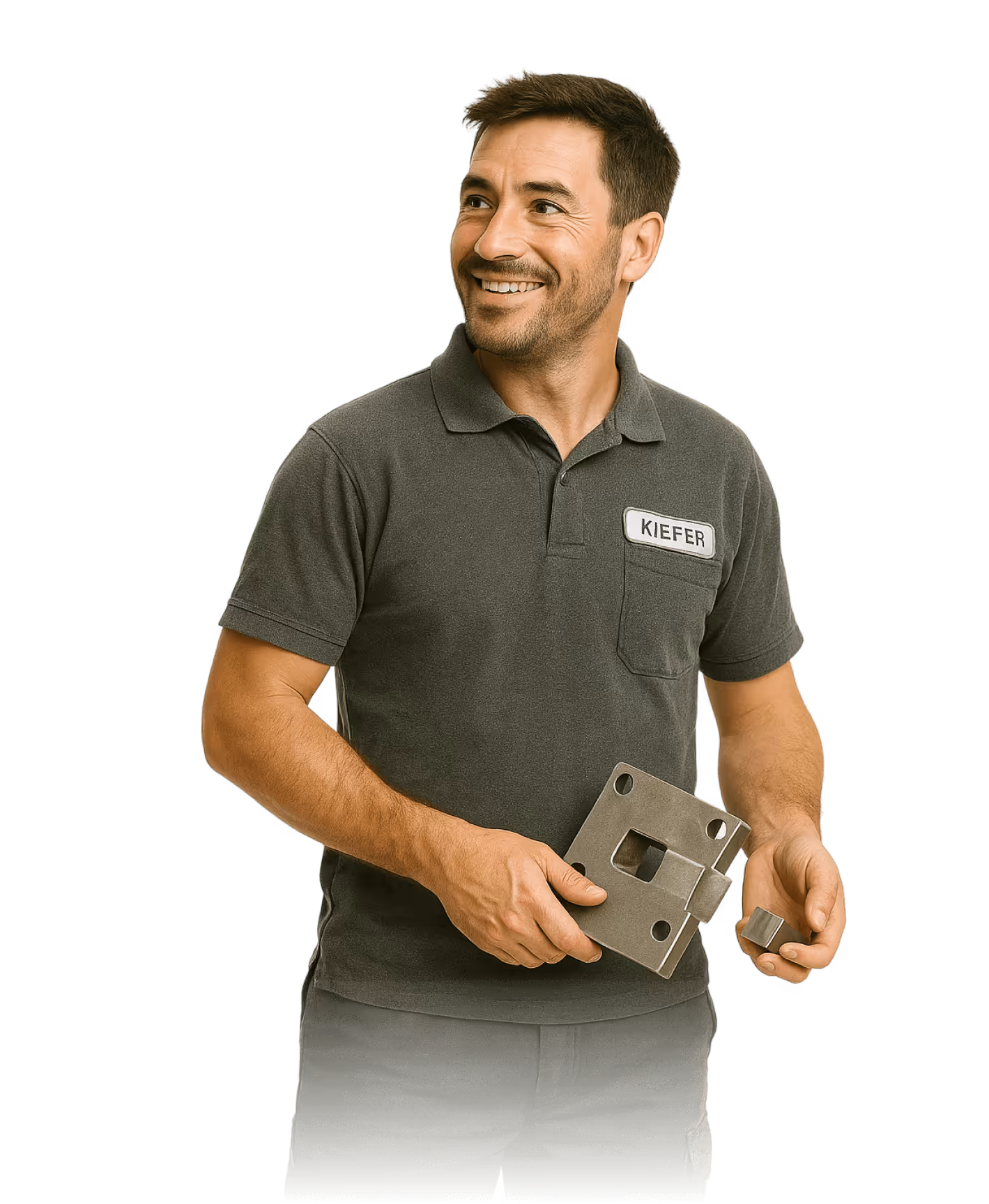 Mann im Polohemd, hält Metallteile, lächelt und schaut zur Seite.