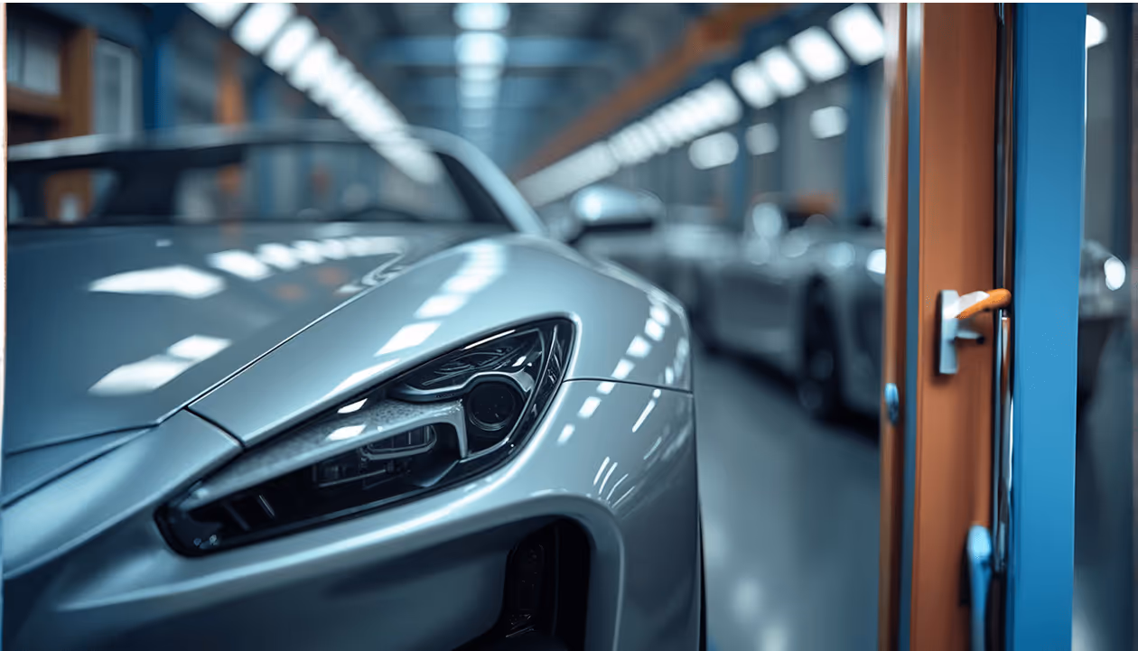 Silbernes Sportauto im Vordergrund in moderner Produktionshalle, scharfe Scheinwerferdetails, unscharfe Hintergrundfahrzeuge.