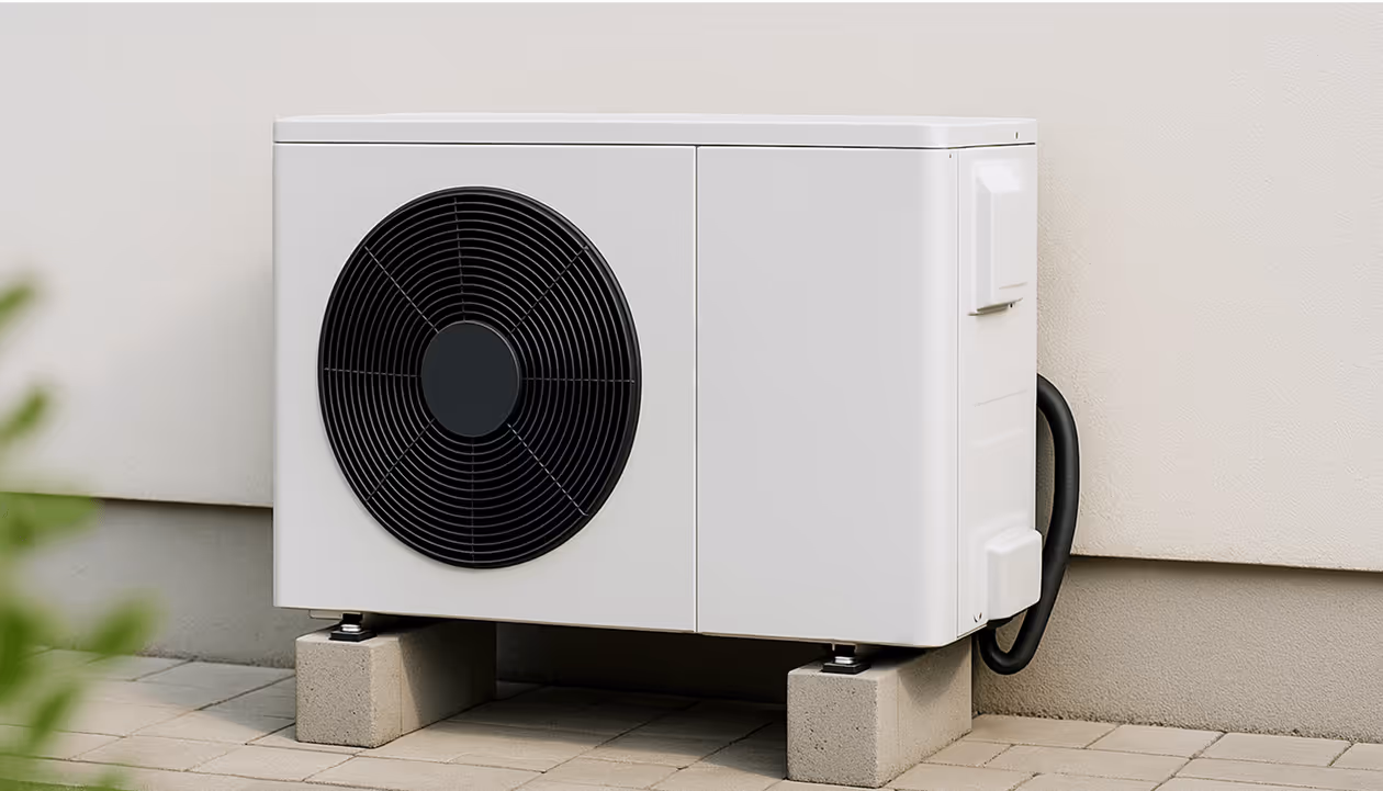 Moderne Klimaanlage auf Betonblöcken, installiert an einer Hauswand, mit sichtbarem Ventilator und Kabel.